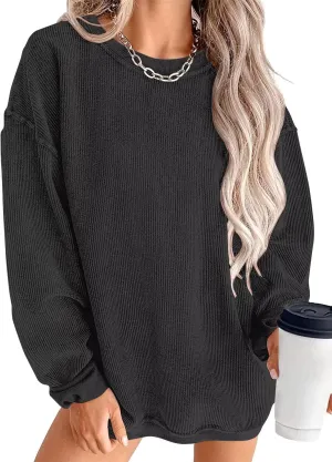KISSMODA Women's Casual Long Sleeve Sweatshirt Color Block/Solid Crewneck Corduroy Pullover Cute Tops