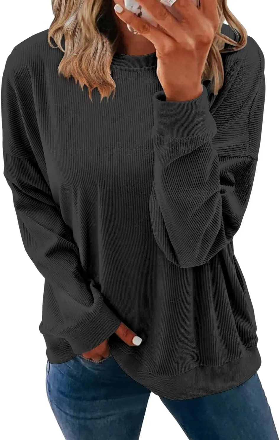 KISSMODA Women's Casual Long Sleeve Sweatshirt Color Block/Solid Crewneck Corduroy Pullover Cute Tops