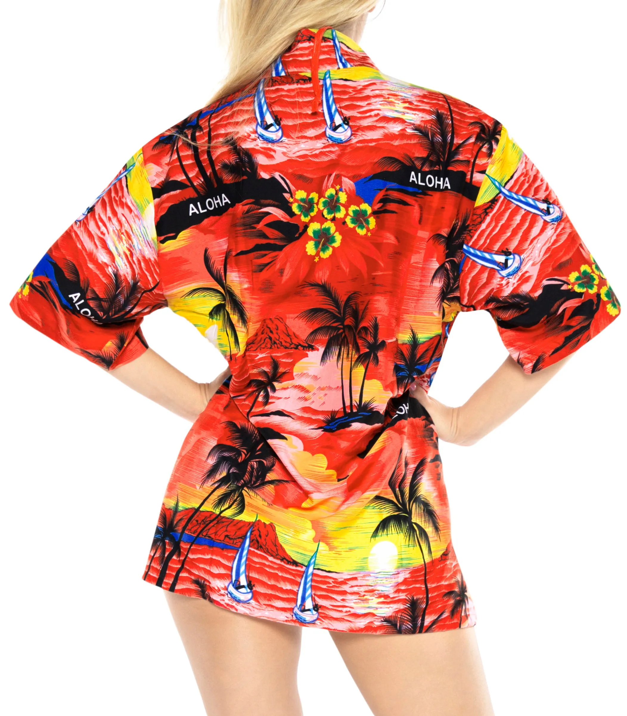 LA LEELA Women's Beach Casual Hawaiian Blouse Short Sleeve button Down Shirt Red tops