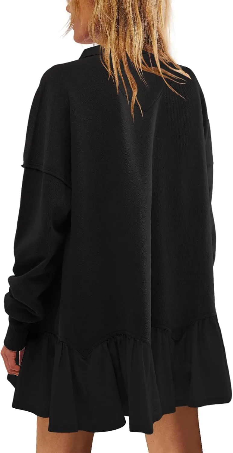 LAMISSCHE Womens Sweatshirt Dress Oversized Long Sleeve V Neck Pullover Tops Flowy Ruffle Patchwork Mini Dress