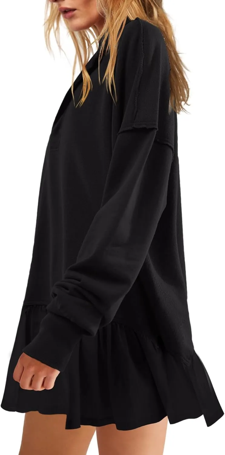 LAMISSCHE Womens Sweatshirt Dress Oversized Long Sleeve V Neck Pullover Tops Flowy Ruffle Patchwork Mini Dress