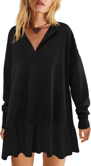 LAMISSCHE Womens Sweatshirt Dress Oversized Long Sleeve V Neck Pullover Tops Flowy Ruffle Patchwork Mini Dress