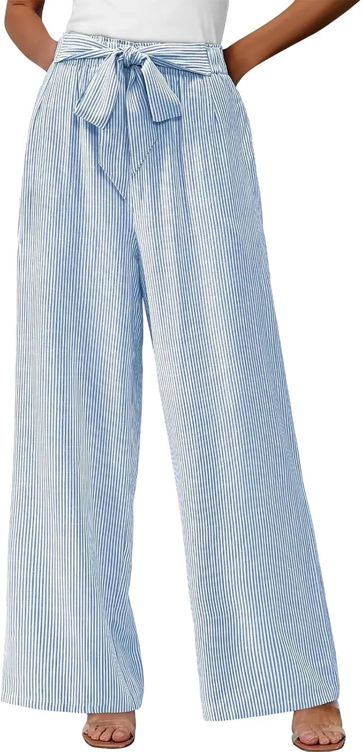 Lastesso Capri Pants for Women Fashion Vertical Stripe High Waist Belted Trousers Flowy Boho Business Casual Summer Outfits