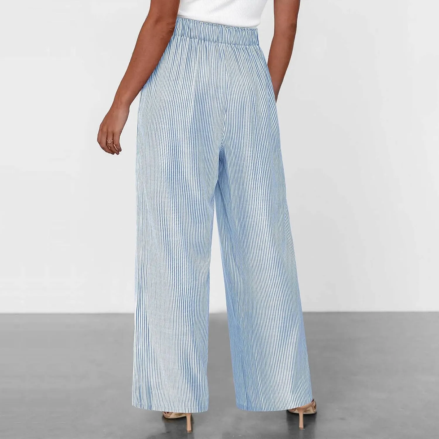 Lastesso Capri Pants for Women Fashion Vertical Stripe High Waist Belted Trousers Flowy Boho Business Casual Summer Outfits