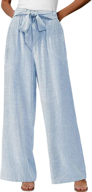 Lastesso Capri Pants for Women Fashion Vertical Stripe High Waist Belted Trousers Flowy Boho Business Casual Summer Outfits