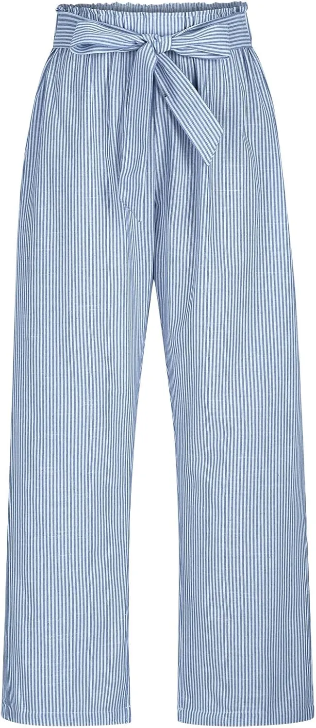 Lastesso Capri Pants for Women Fashion Vertical Stripe High Waist Belted Trousers Flowy Boho Business Casual Summer Outfits