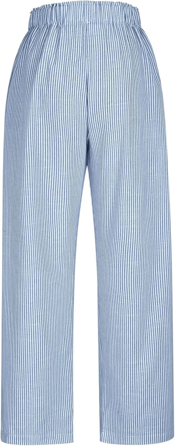 Lastesso Capri Pants for Women Fashion Vertical Stripe High Waist Belted Trousers Flowy Boho Business Casual Summer Outfits