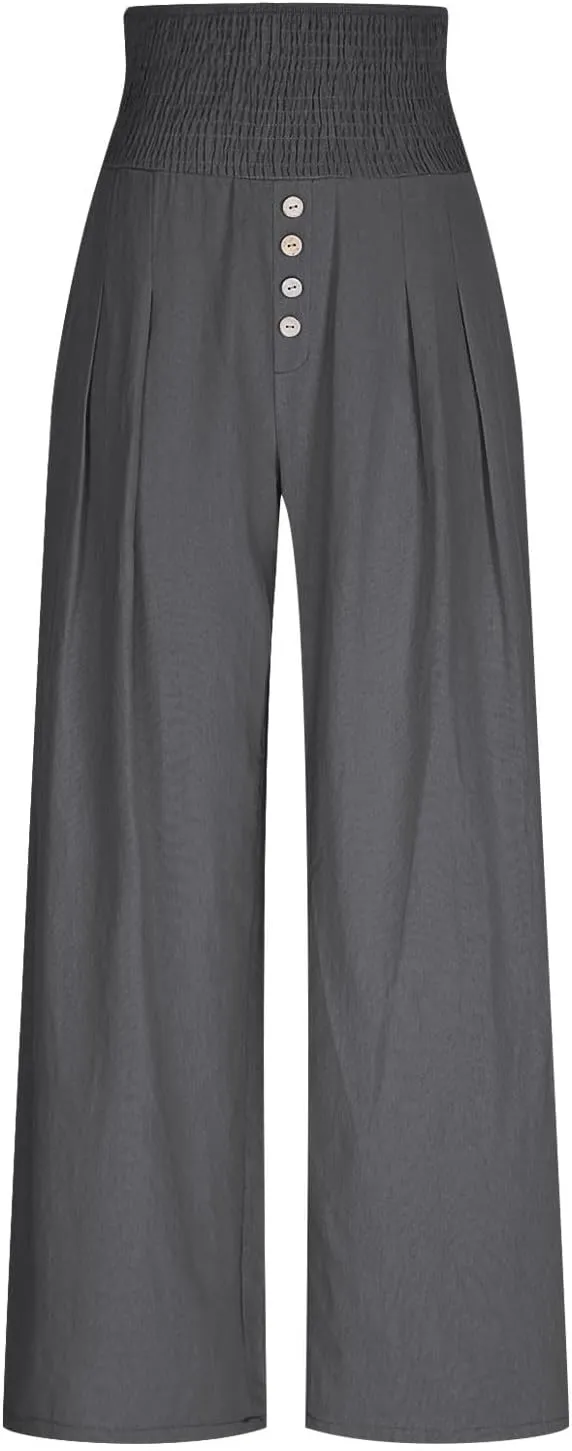 Lastesso Linen Pants Women Boho Wide Leg Trousers Tummy Control Summer Beach Travel Clothes Casual Flowy Pants with Pockets