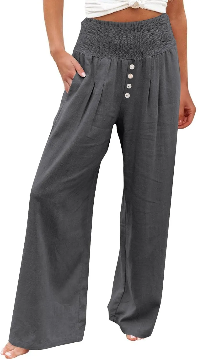 Lastesso Linen Pants Women Boho Wide Leg Trousers Tummy Control Summer Beach Travel Clothes Casual Flowy Pants with Pockets
