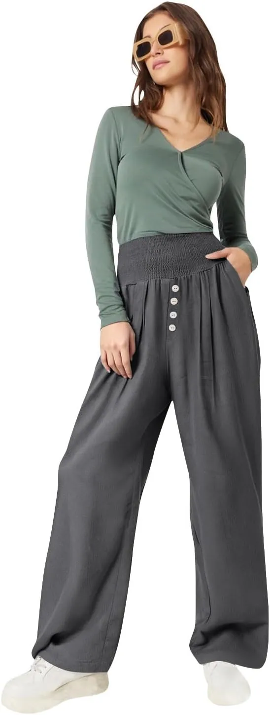 Lastesso Linen Pants Women Boho Wide Leg Trousers Tummy Control Summer Beach Travel Clothes Casual Flowy Pants with Pockets