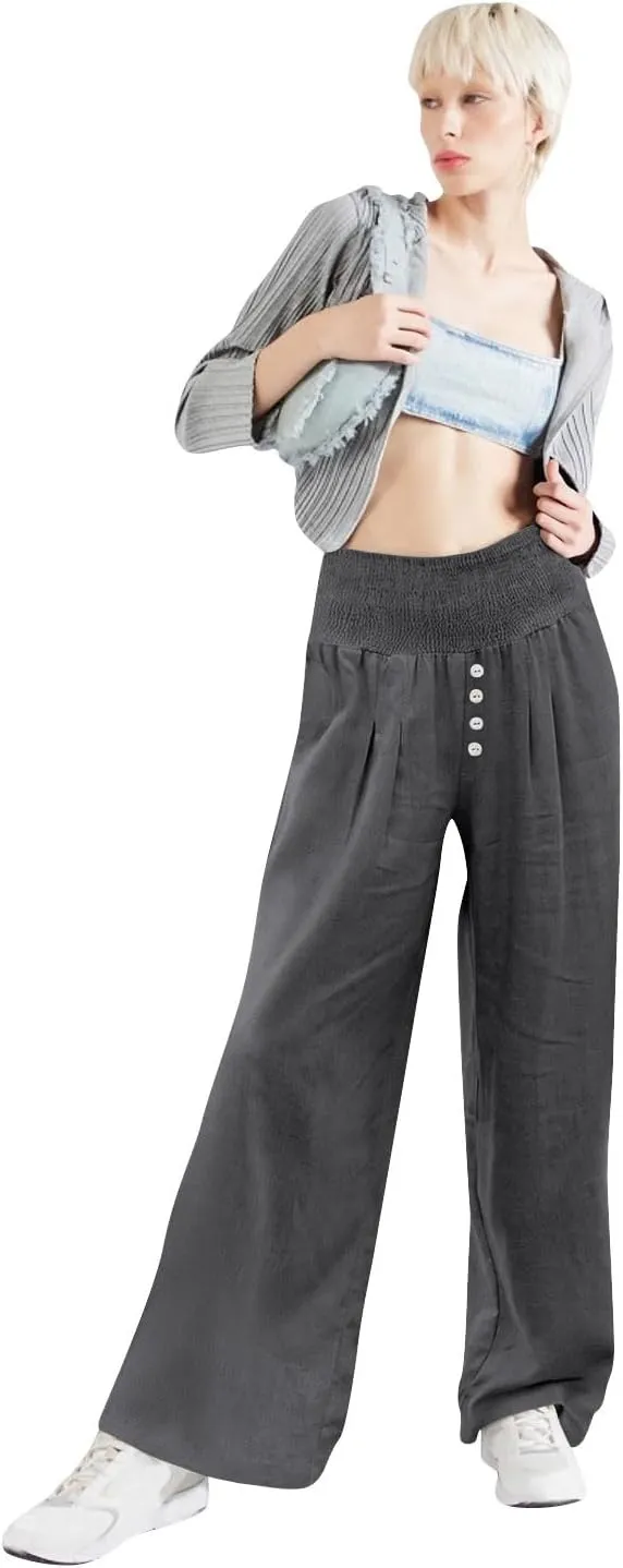 Lastesso Linen Pants Women Boho Wide Leg Trousers Tummy Control Summer Beach Travel Clothes Casual Flowy Pants with Pockets