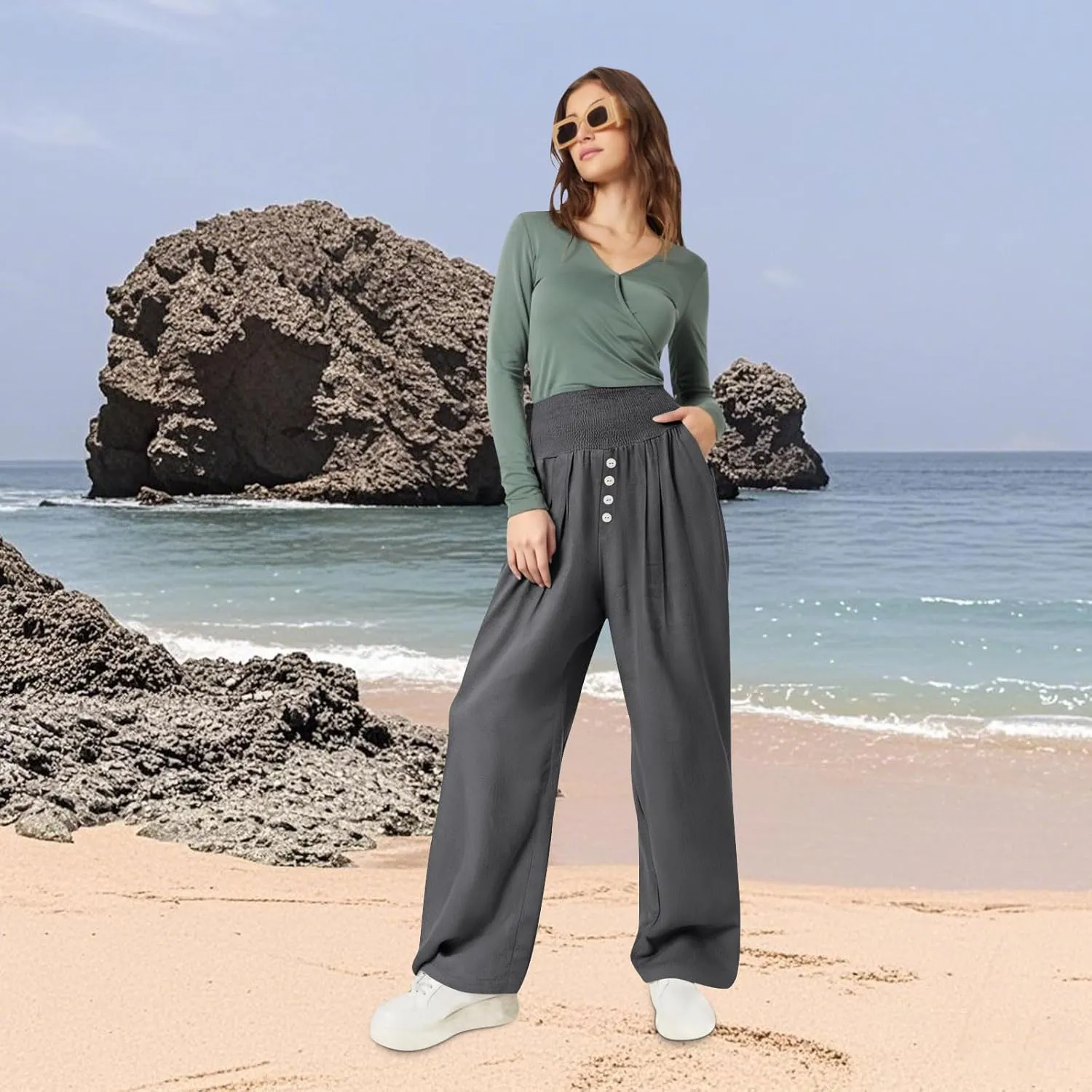 Lastesso Linen Pants Women Boho Wide Leg Trousers Tummy Control Summer Beach Travel Clothes Casual Flowy Pants with Pockets