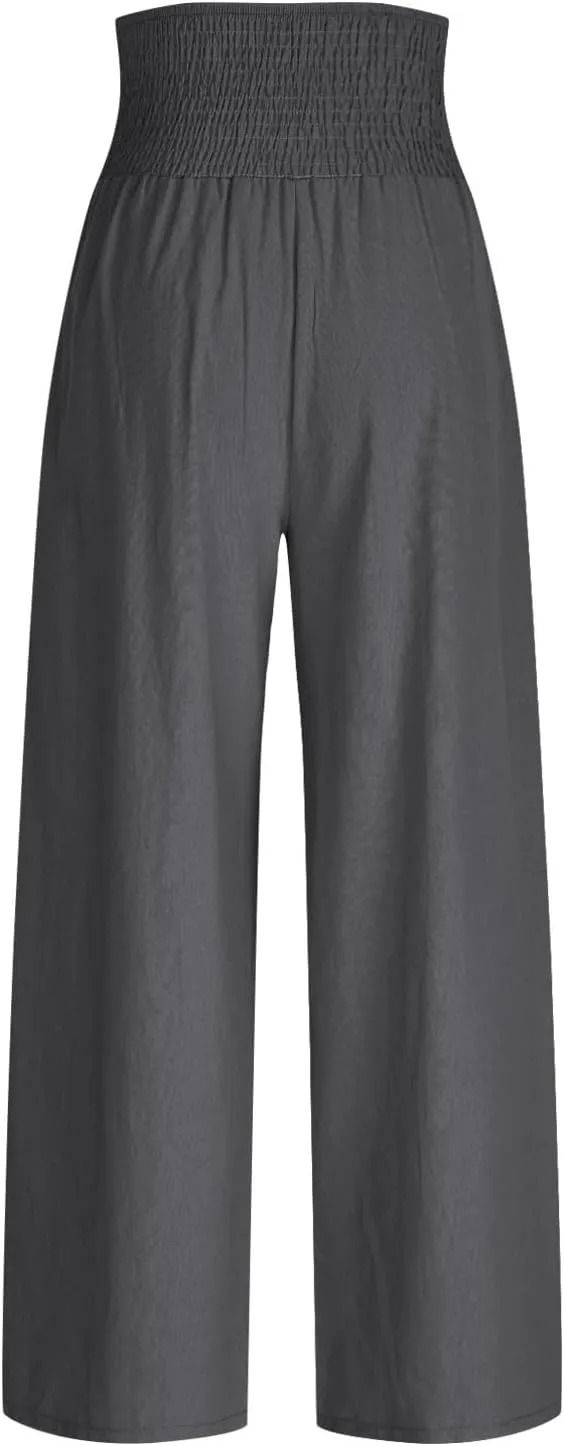 Lastesso Linen Pants Women Boho Wide Leg Trousers Tummy Control Summer Beach Travel Clothes Casual Flowy Pants with Pockets
