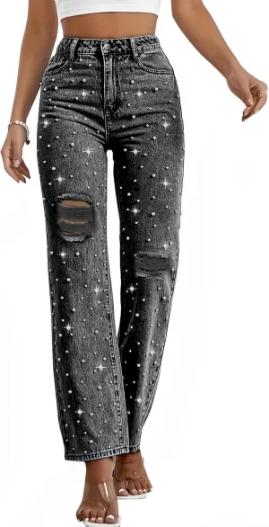 LifeShe Women Pearl Jeans Ripped Distressed Denim Pants High Waist Trousers