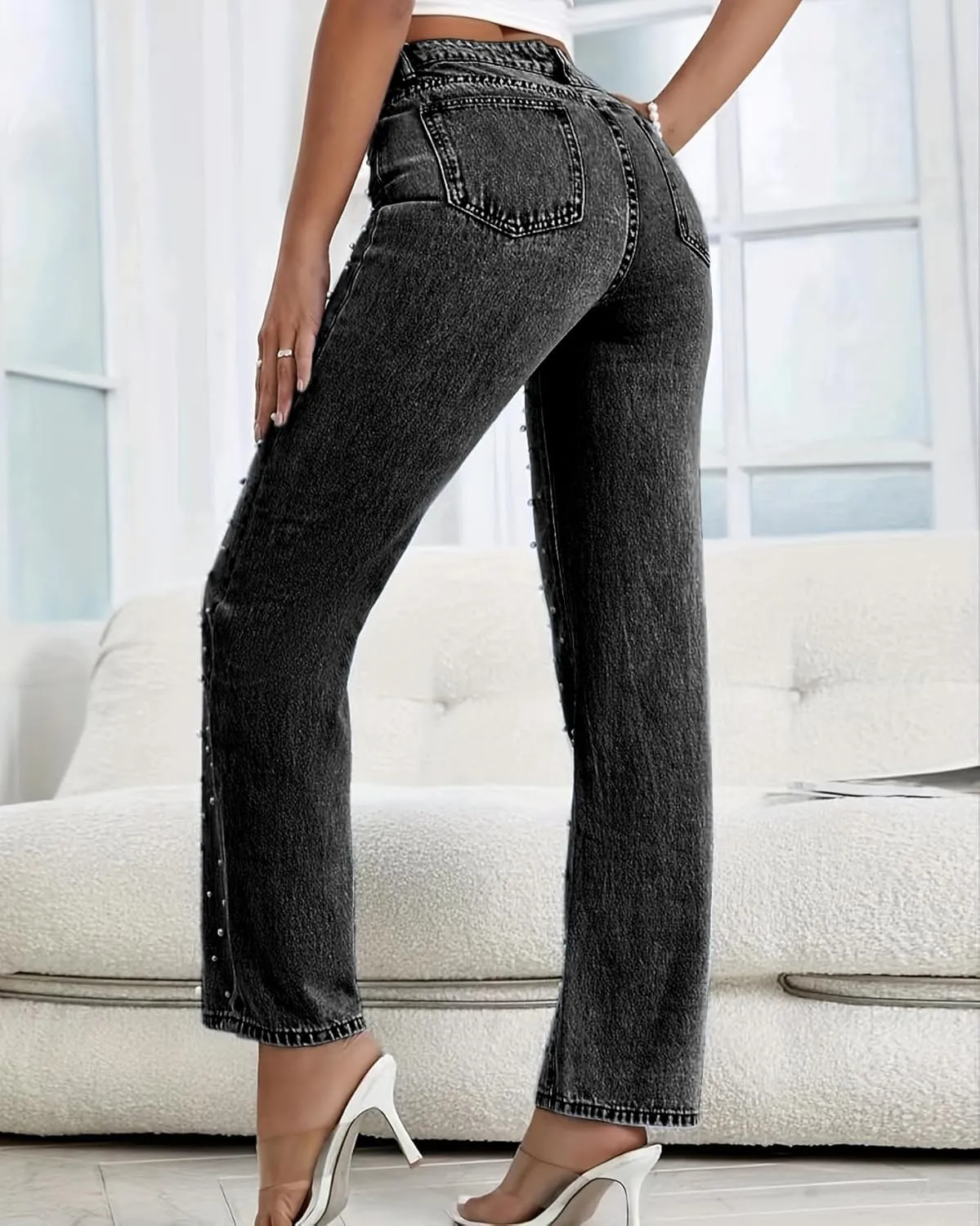 LifeShe Women Pearl Jeans Ripped Distressed Denim Pants High Waist Trousers