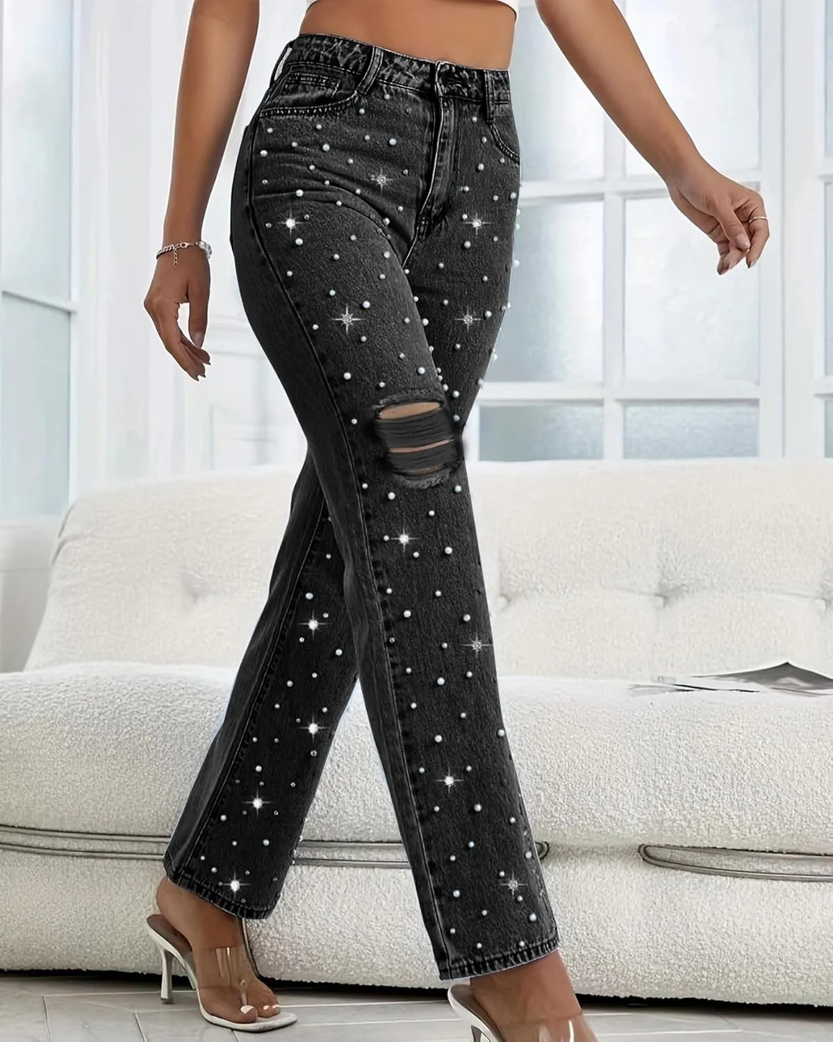 LifeShe Women Pearl Jeans Ripped Distressed Denim Pants High Waist Trousers