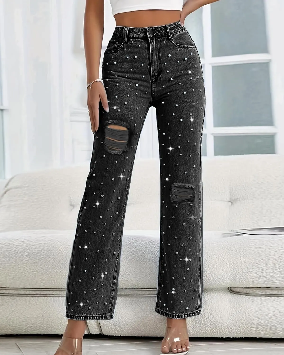 LifeShe Women Pearl Jeans Ripped Distressed Denim Pants High Waist Trousers