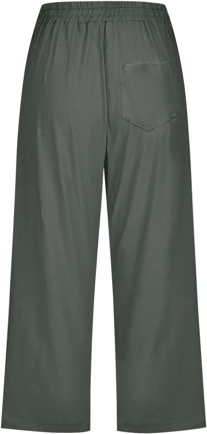 Linen Capri Pants for Women Cotton Lined Wide Leg Summer Pants Drawstring Elastic Waist Trendy Capris Trousers S-5X