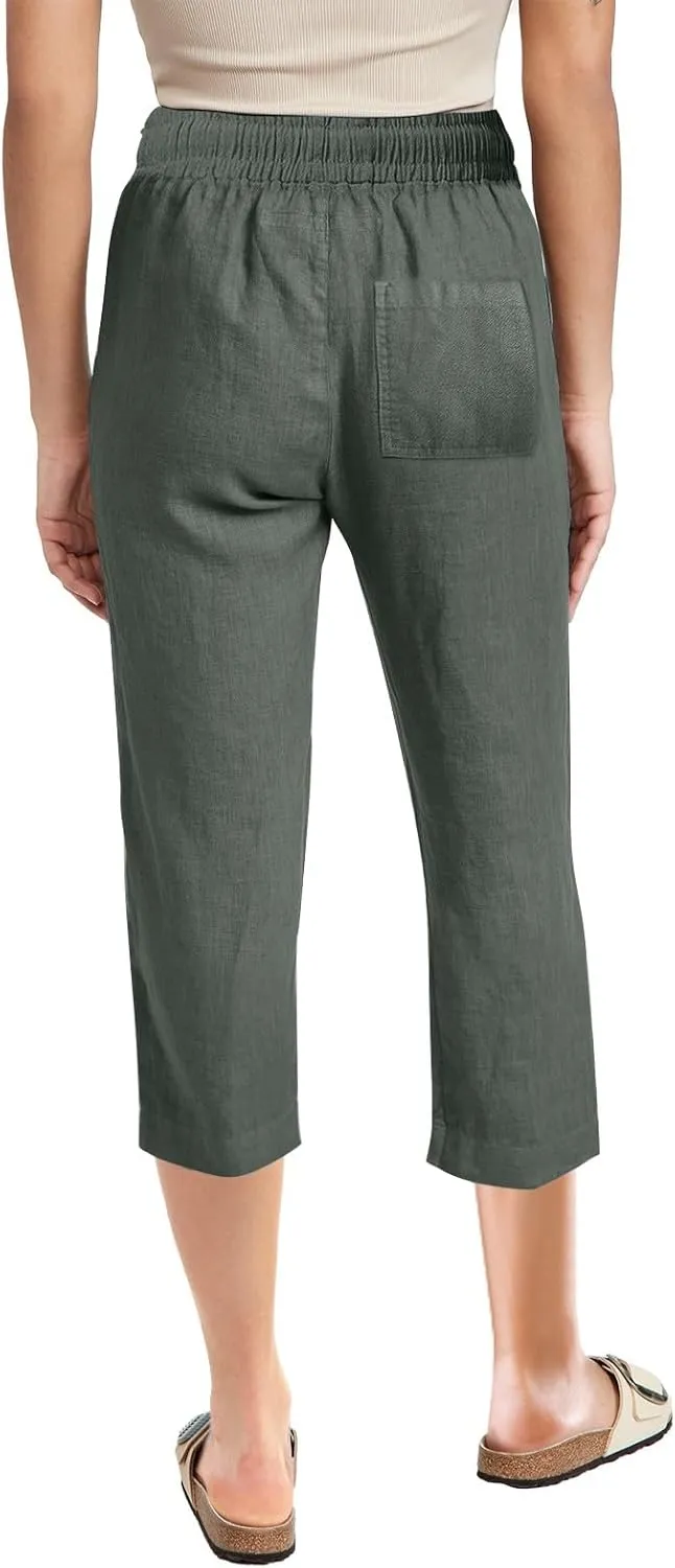 Linen Capri Pants for Women Cotton Lined Wide Leg Summer Pants Drawstring Elastic Waist Trendy Capris Trousers S-5X