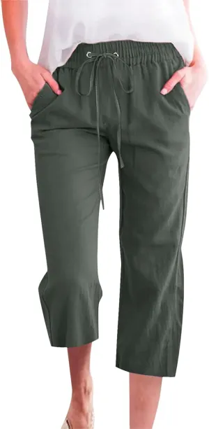 Linen Capri Pants for Women Cotton Lined Wide Leg Summer Pants Drawstring Elastic Waist Trendy Capris Trousers S-5X