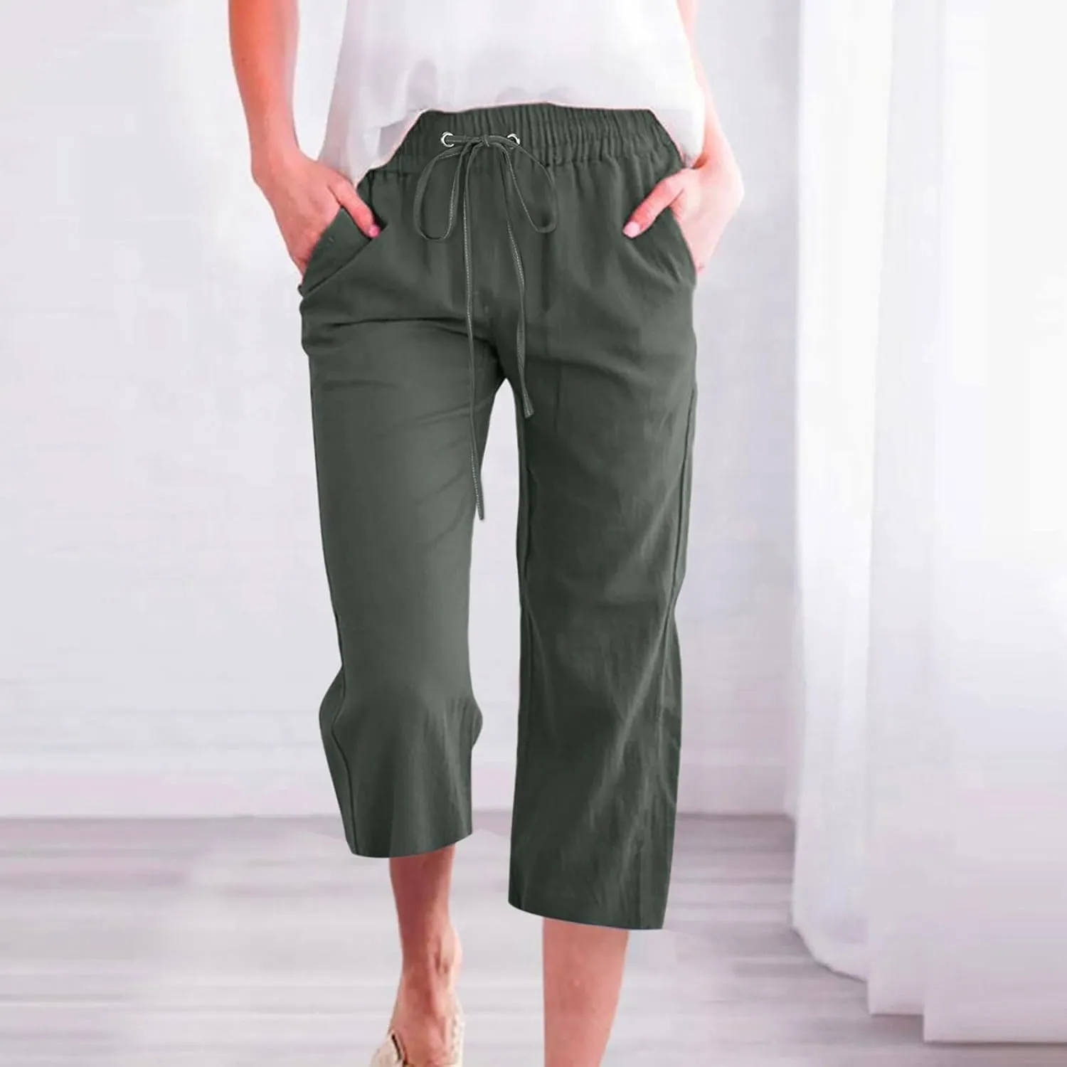 Linen Capri Pants for Women Cotton Lined Wide Leg Summer Pants Drawstring Elastic Waist Trendy Capris Trousers S-5X