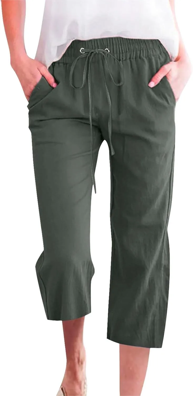 Linen Capri Pants for Women Cotton Lined Wide Leg Summer Pants Drawstring Elastic Waist Trendy Capris Trousers S-5X