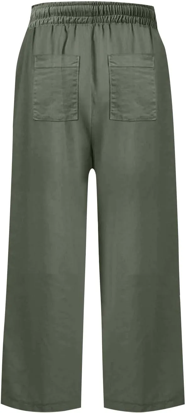 Linen Capri Pants for Women High Waisted Cropped Wide Leg Summer Pants Business Casual Baggy Work Trousers with Tie