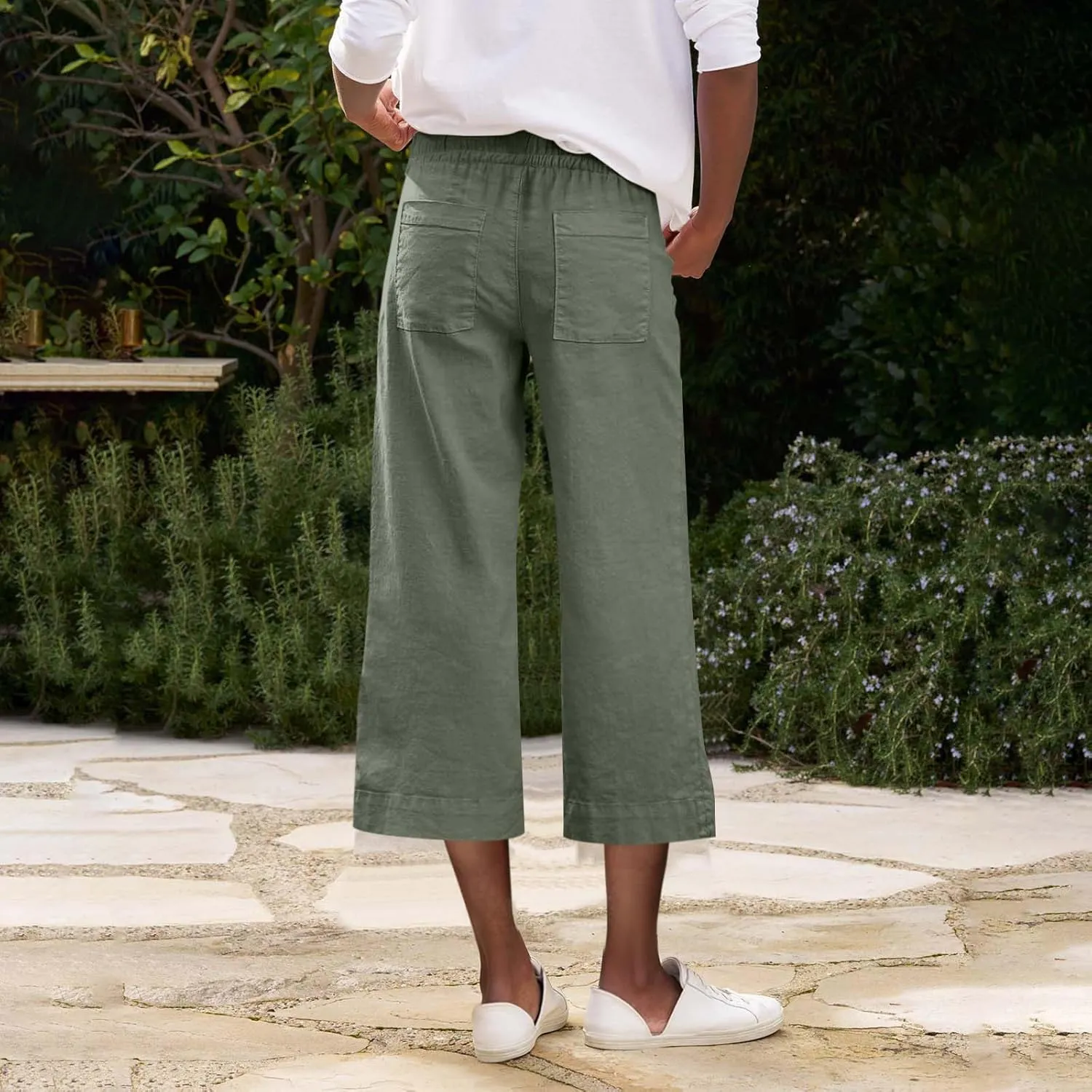 Linen Capri Pants for Women High Waisted Cropped Wide Leg Summer Pants Business Casual Baggy Work Trousers with Tie