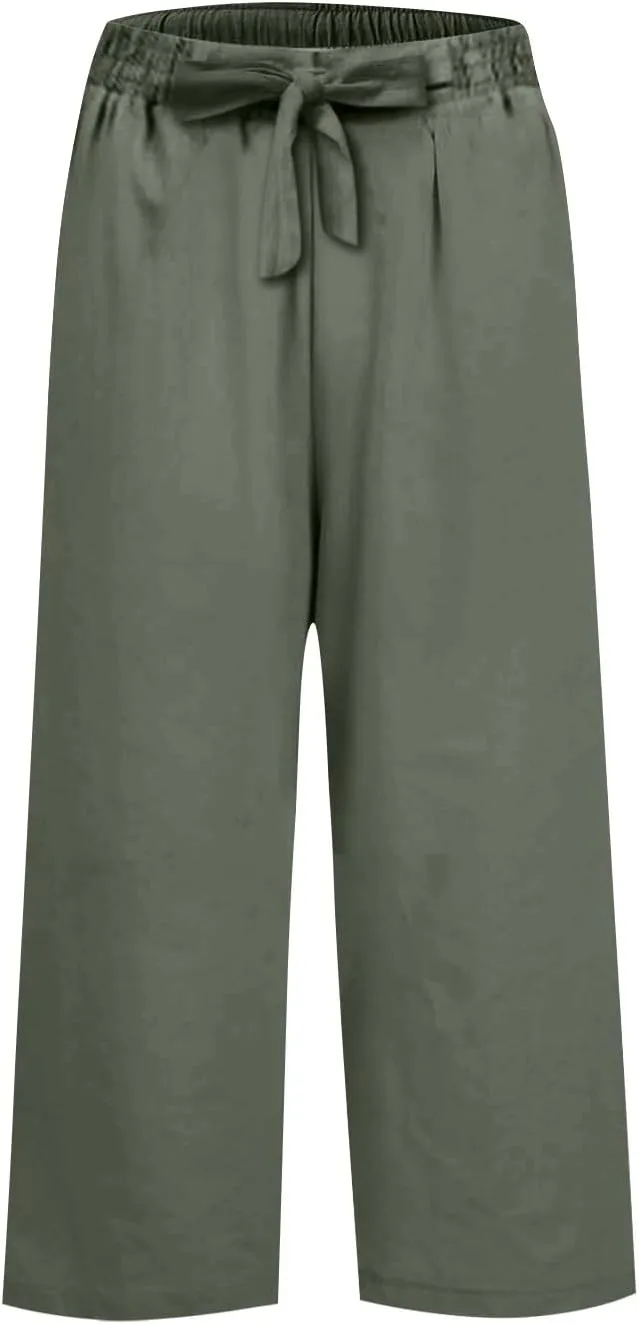 Linen Capri Pants for Women High Waisted Cropped Wide Leg Summer Pants Business Casual Baggy Work Trousers with Tie
