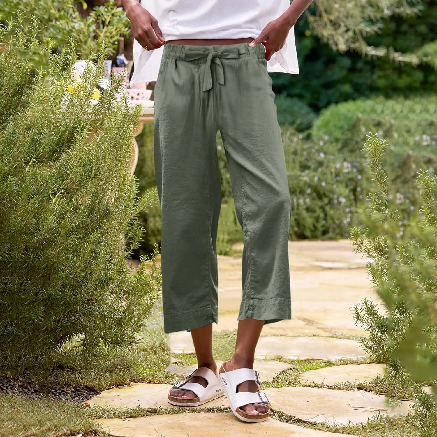 Linen Capri Pants for Women High Waisted Cropped Wide Leg Summer Pants Business Casual Baggy Work Trousers with Tie