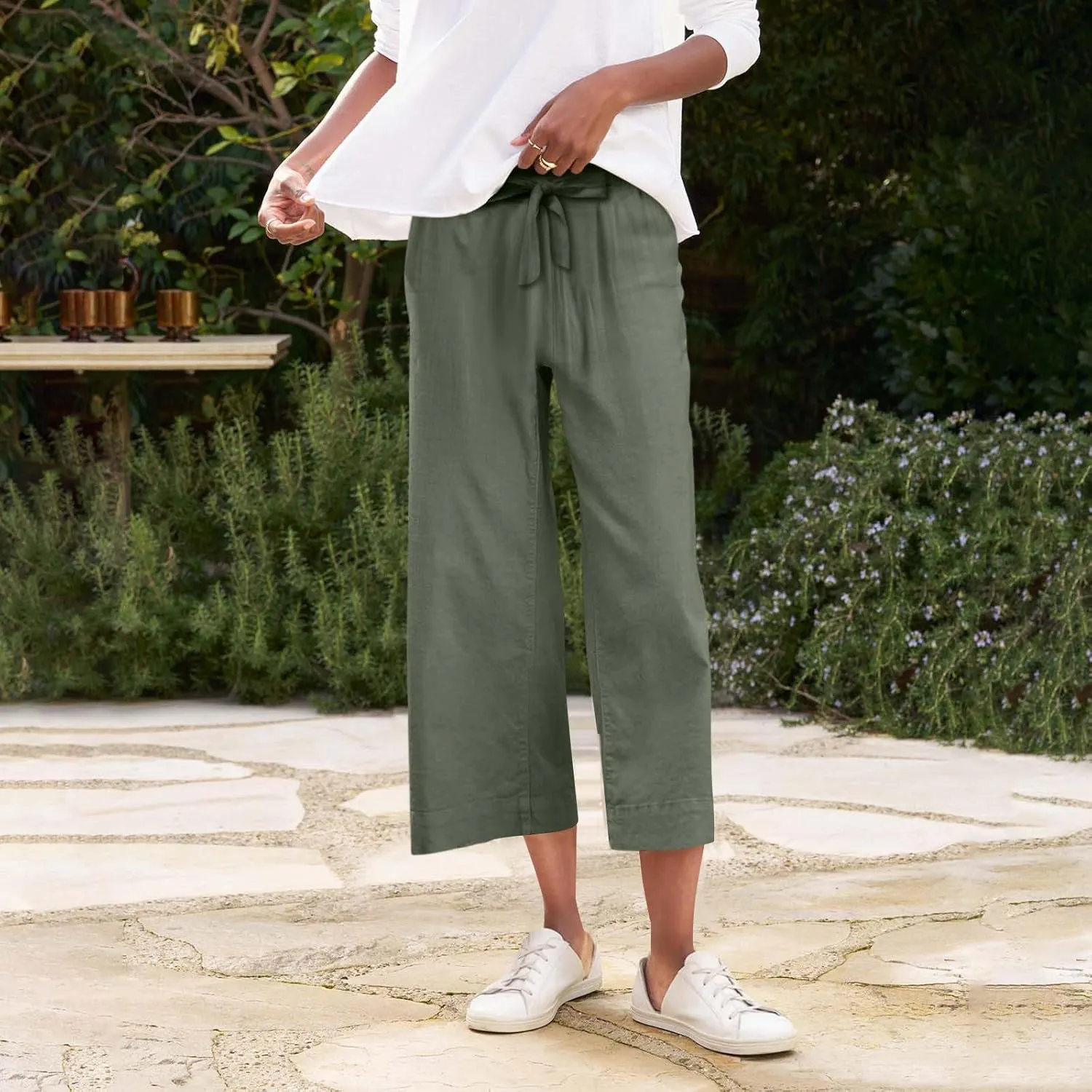 Linen Capri Pants for Women High Waisted Cropped Wide Leg Summer Pants Business Casual Baggy Work Trousers with Tie