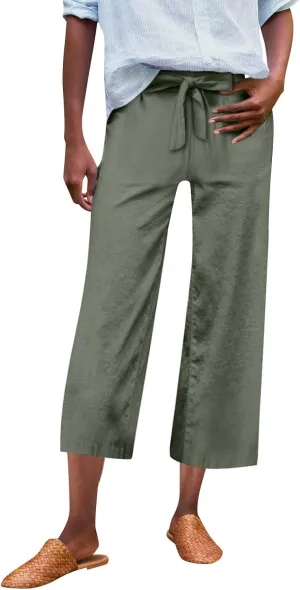 Linen Capri Pants for Women High Waisted Cropped Wide Leg Summer Pants Business Casual Baggy Work Trousers with Tie