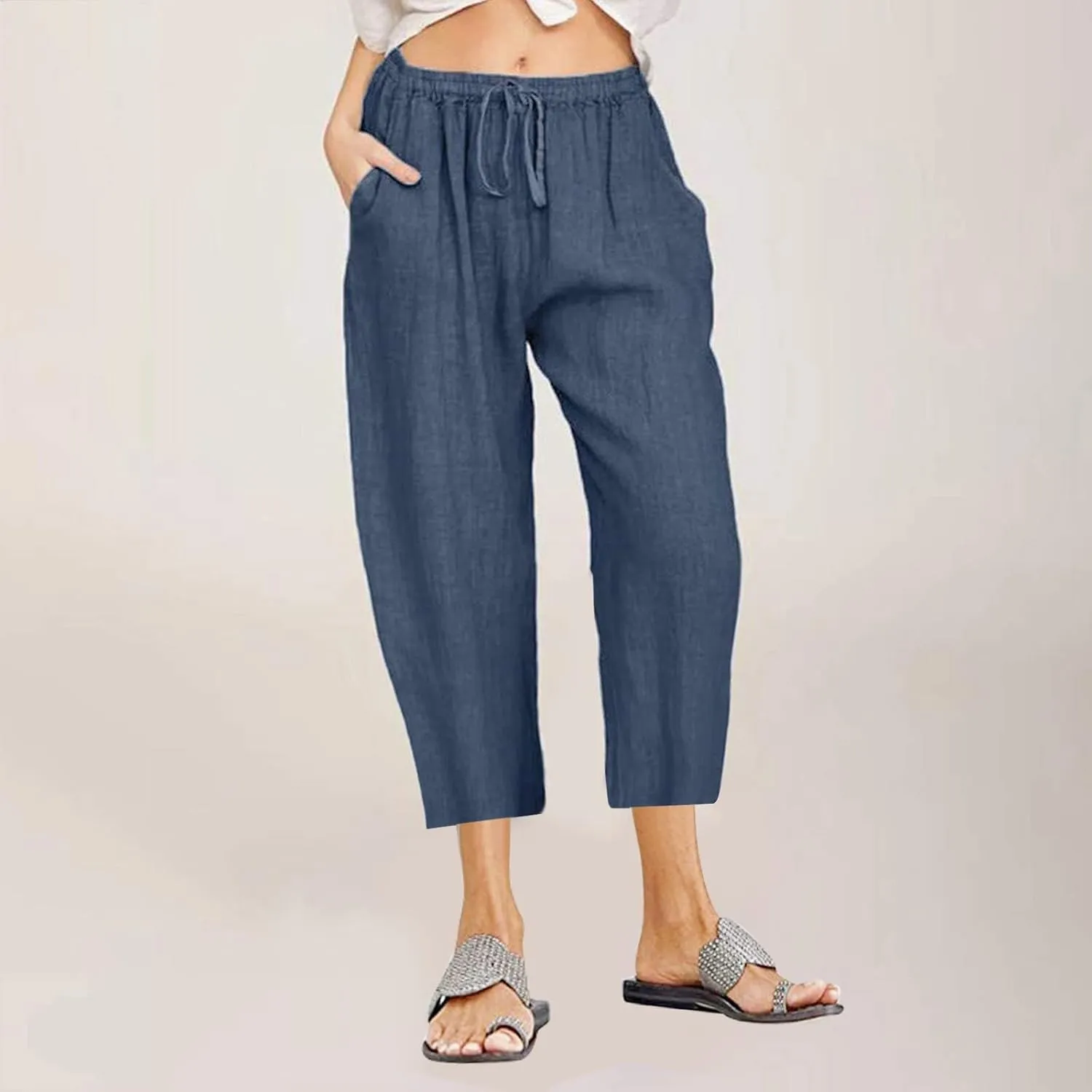 Linen Capris Pants for Women 2025 Summer Casual Loose Comfy Beach Pants Cropped Vacation Outfits with Pockets