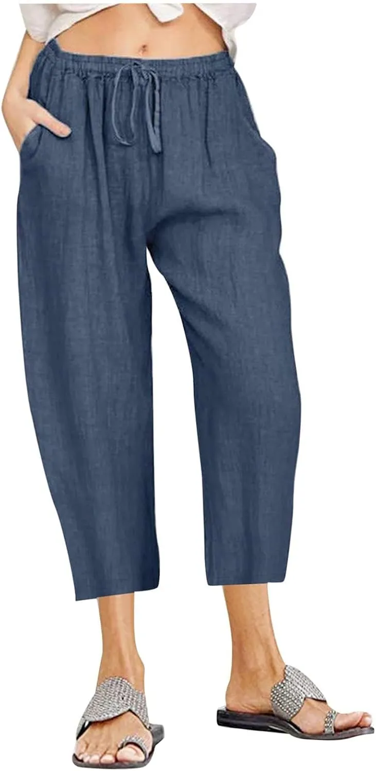 Linen Capris Pants for Women 2025 Summer Casual Loose Comfy Beach Pants Cropped Vacation Outfits with Pockets
