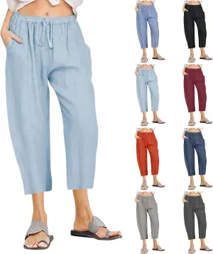 Linen Capris Pants for Women 2025 Summer Casual Loose Comfy Beach Pants Cropped Vacation Outfits with Pockets