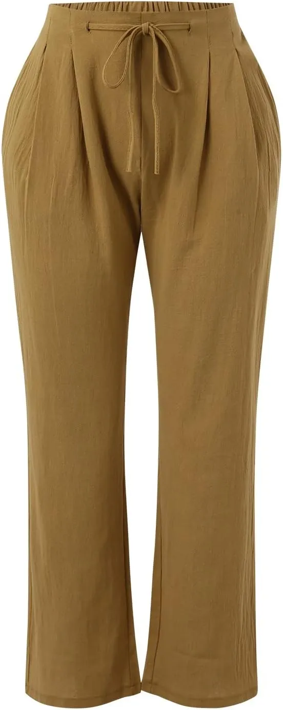 Linen Cotton Pants for Women 2025 High Waist Elastic Straight Leg Lounge Casual Loose Lightweight Beach Trousers