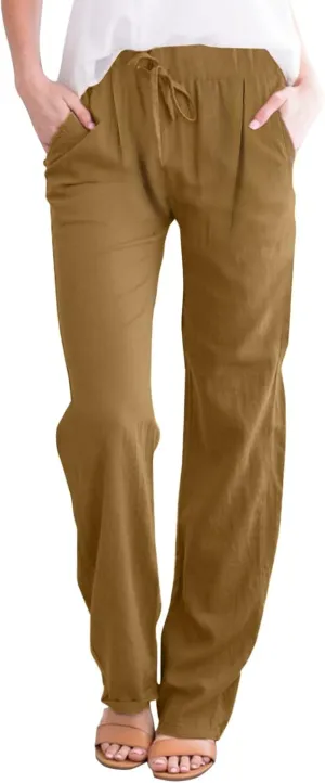 Linen Cotton Pants for Women 2025 High Waist Elastic Straight Leg Lounge Casual Loose Lightweight Beach Trousers