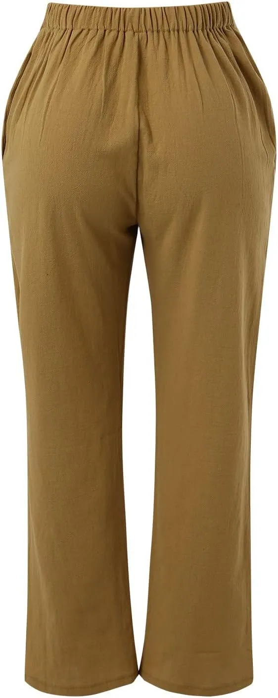Linen Cotton Pants for Women 2025 High Waist Elastic Straight Leg Lounge Casual Loose Lightweight Beach Trousers
