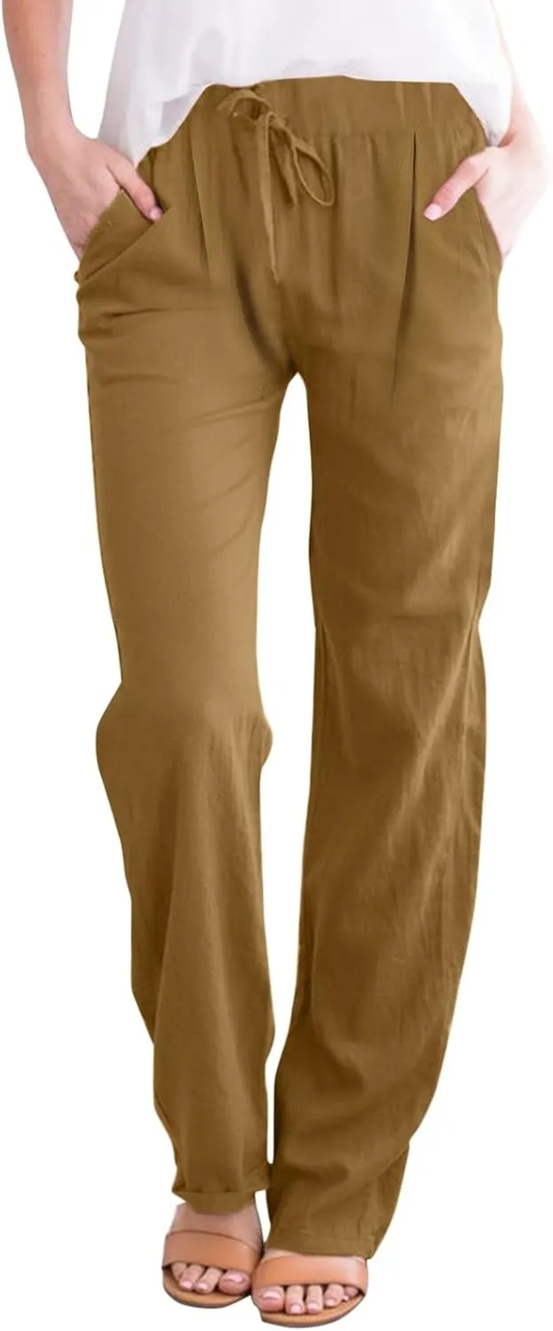 Linen Cotton Pants for Women 2025 High Waist Elastic Straight Leg Lounge Casual Loose Lightweight Beach Trousers
