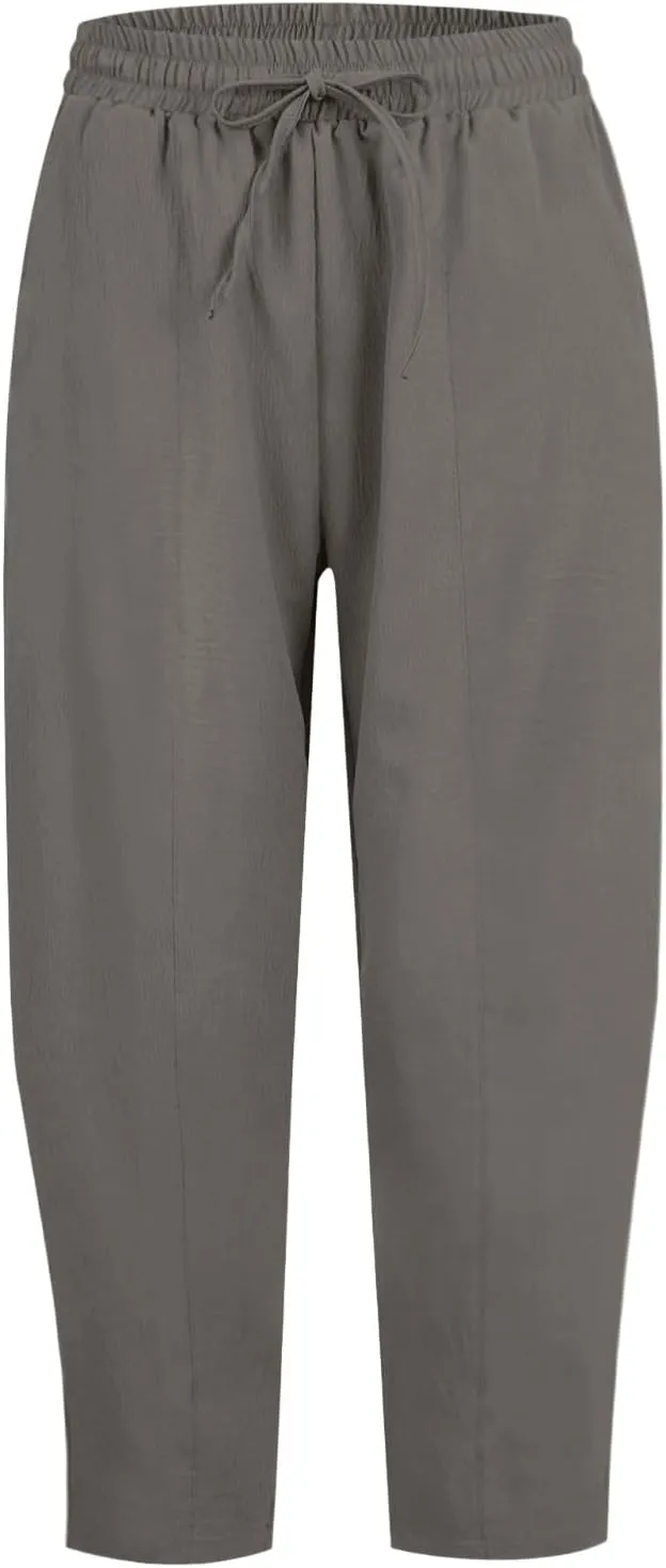 Linen Harem Pants Women Casual Summer High Waisted Beach Pants Baggy Lightweight Cropped Pant with Pockets