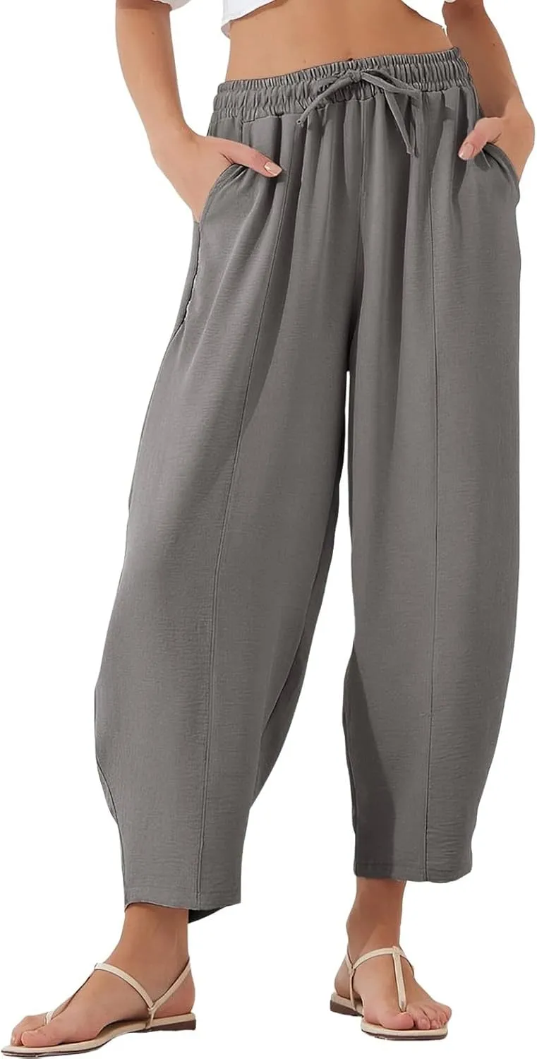 Linen Harem Pants Women Casual Summer High Waisted Beach Pants Baggy Lightweight Cropped Pant with Pockets