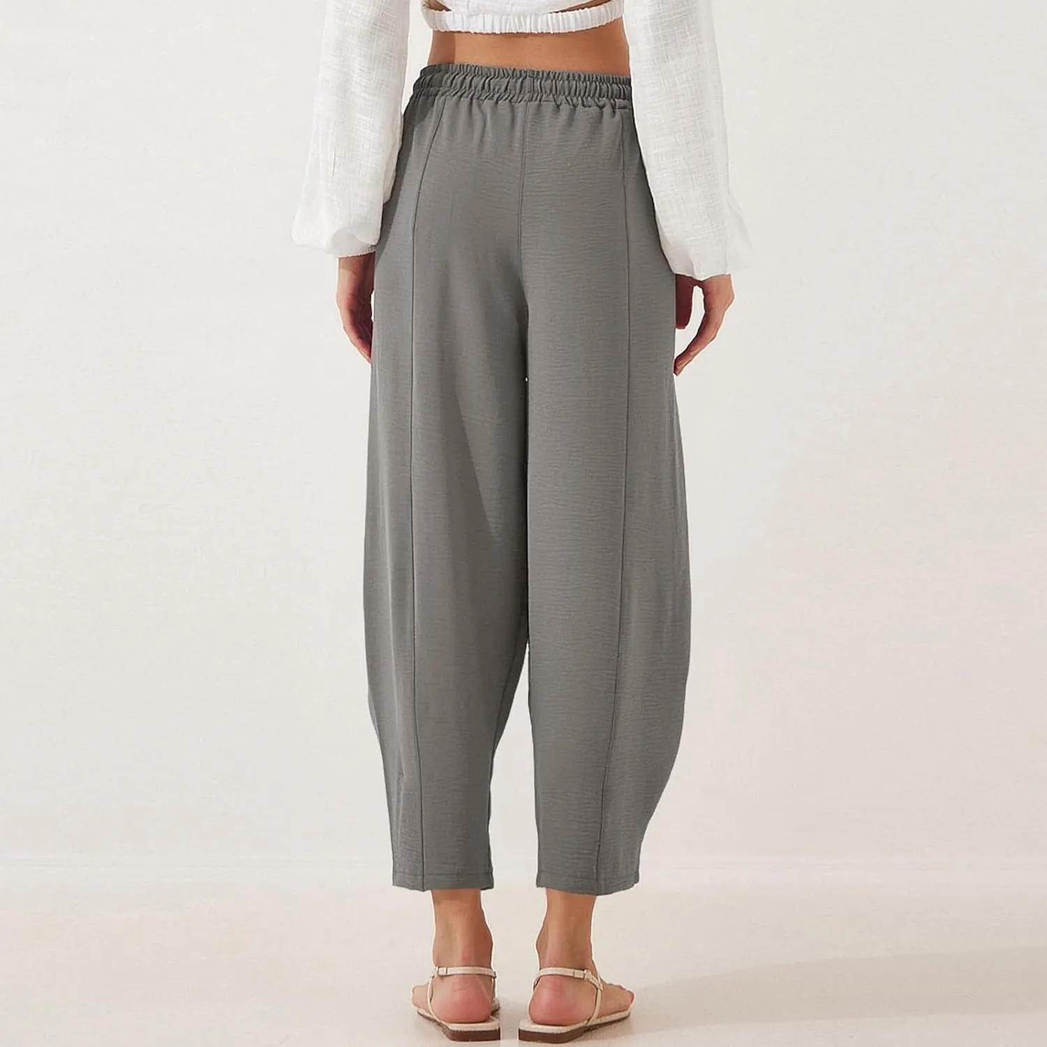 Linen Harem Pants Women Casual Summer High Waisted Beach Pants Baggy Lightweight Cropped Pant with Pockets