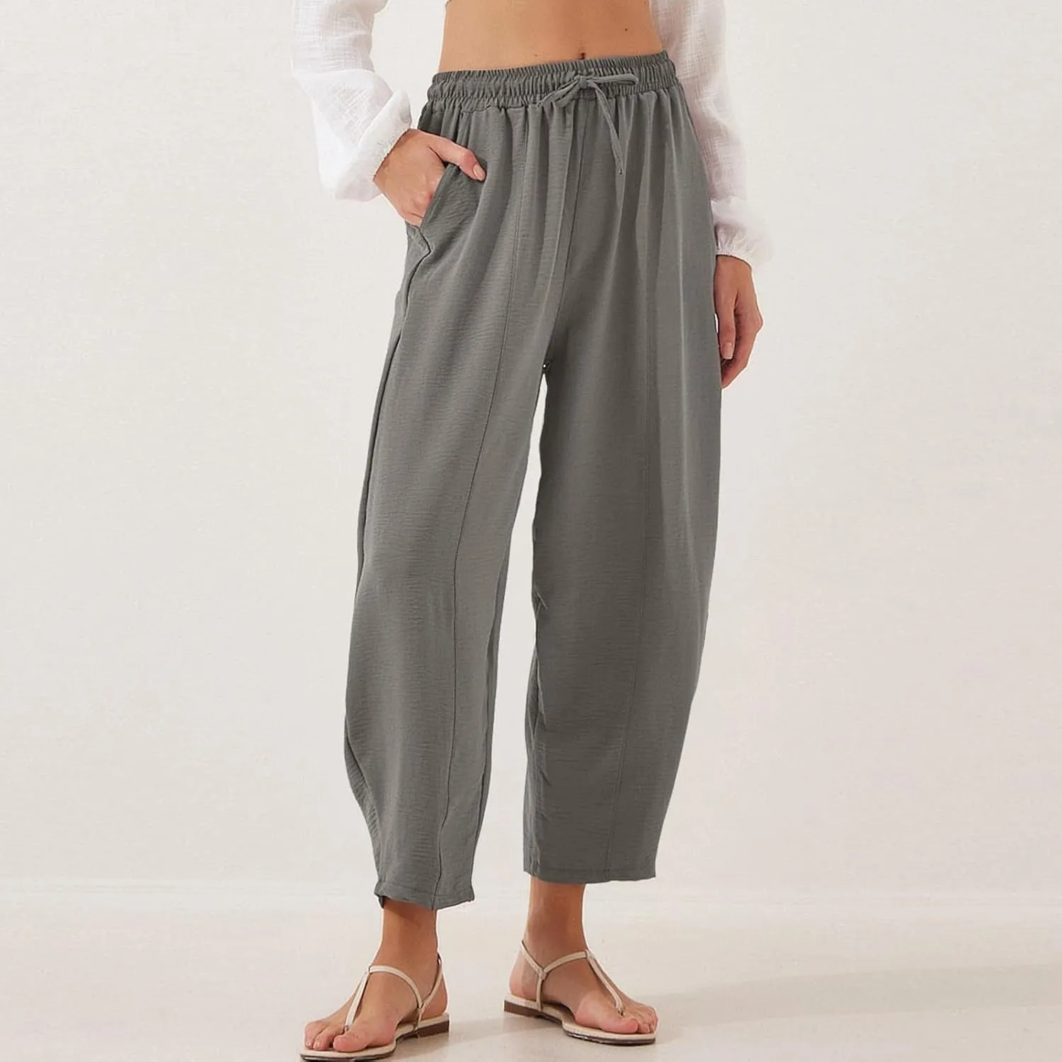 Linen Harem Pants Women Casual Summer High Waisted Beach Pants Baggy Lightweight Cropped Pant with Pockets