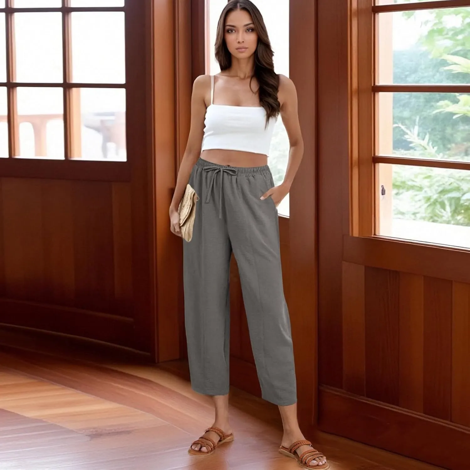 Linen Harem Pants Women Casual Summer High Waisted Beach Pants Baggy Lightweight Cropped Pant with Pockets