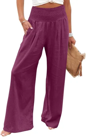 Linen Palazzo Pants for Women Casual Straight Drawstring Beach Loose Linen Outfits Women