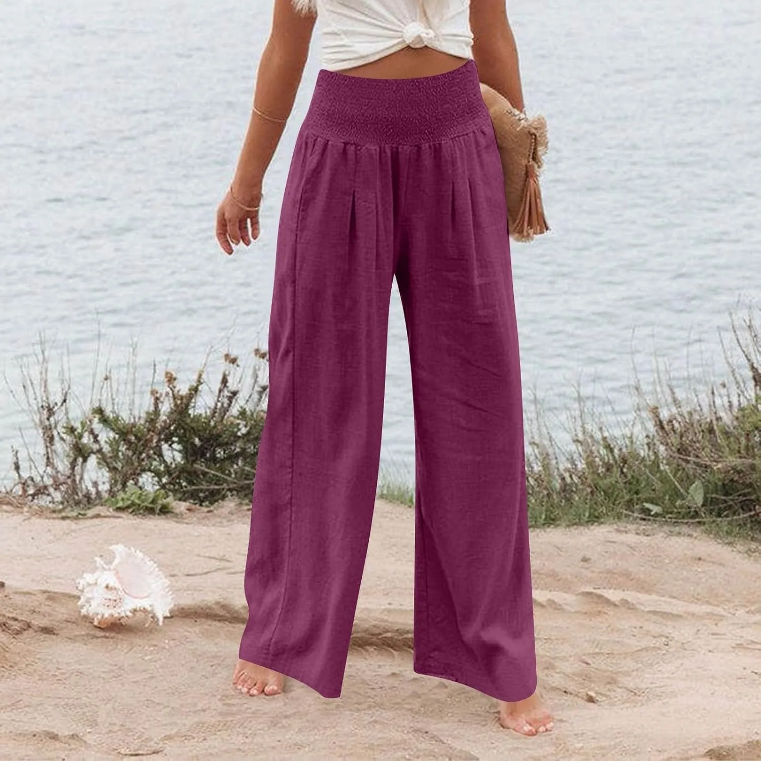 Linen Palazzo Pants for Women Casual Straight Drawstring Beach Loose Linen Outfits Women