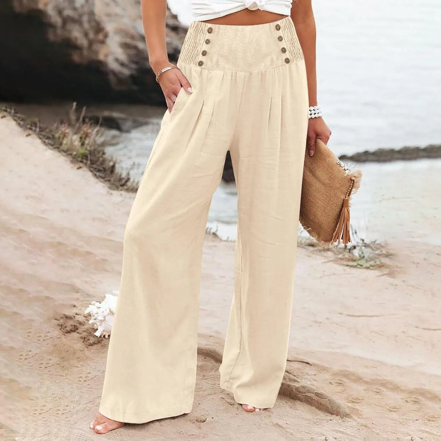 Linen Palazzo Pants for Women Dressy High Waisted Wide Leg Trousers Pants Flowy Summer Business Casual Slacks Outfits