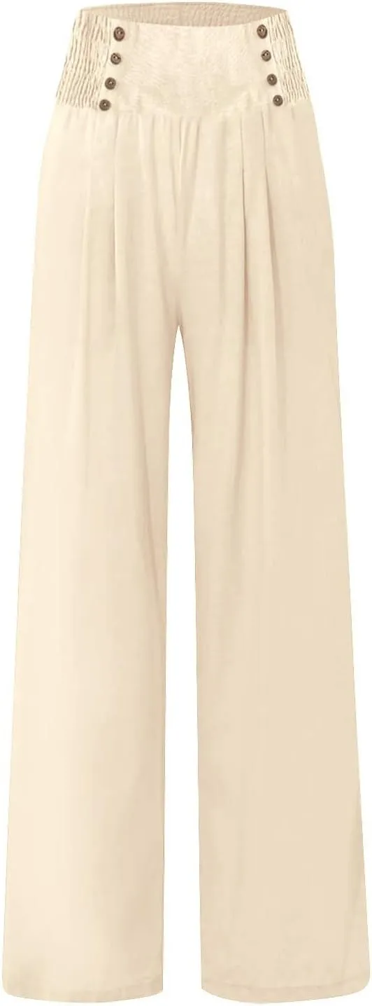 Linen Palazzo Pants for Women Dressy High Waisted Wide Leg Trousers Pants Flowy Summer Business Casual Slacks Outfits
