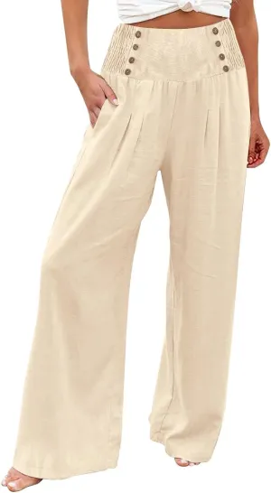 Linen Palazzo Pants for Women Dressy High Waisted Wide Leg Trousers Pants Flowy Summer Business Casual Slacks Outfits
