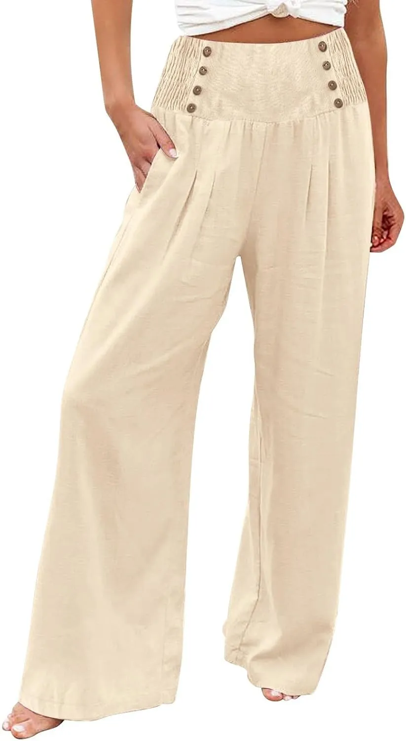 Linen Palazzo Pants for Women Dressy High Waisted Wide Leg Trousers Pants Flowy Summer Business Casual Slacks Outfits
